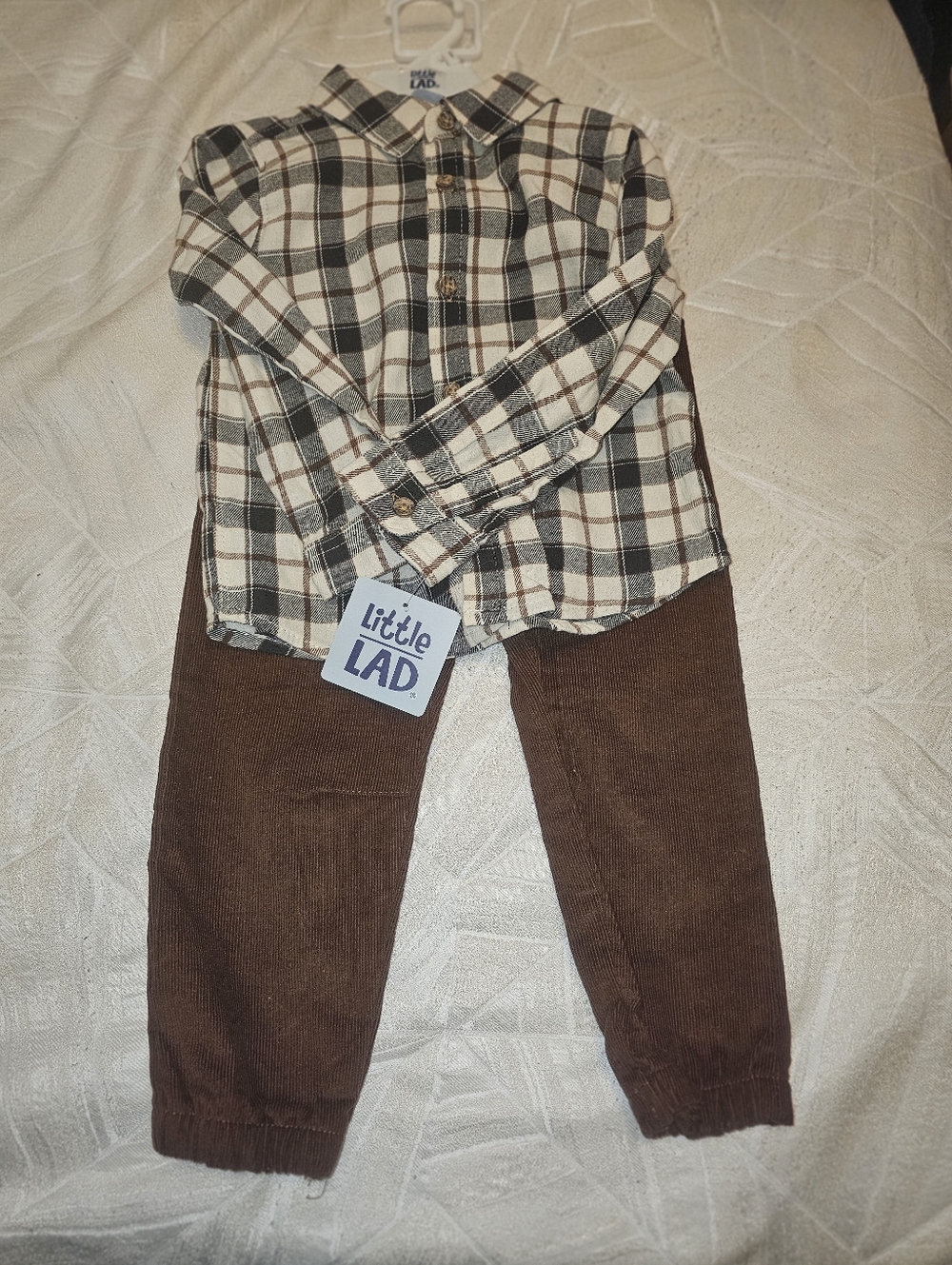 Little Lad Brown Corduroy Pants & Plaid Shirt Matching Set